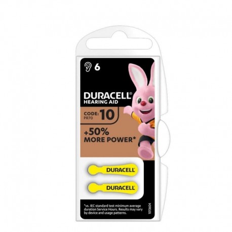 6 piles auditives Duracell DA10 PR70 zinc-air 1,45 V
