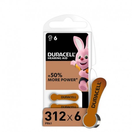 6 piles auditives Duracell DA312 PR41 zinc-air 1,45 V